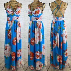 Bisou Bisou Carribean Blue Floral Strappy Maxi